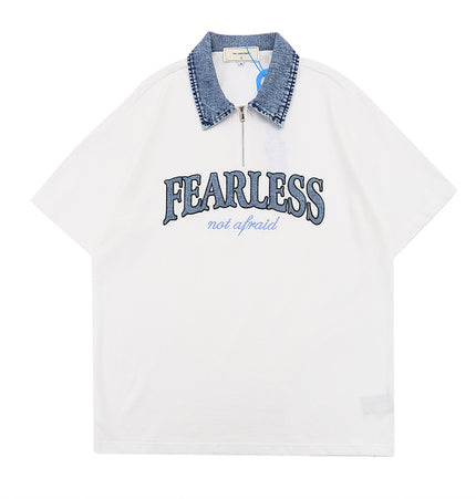 Monogram patch short-sleeved T-shirt men's ins, high street fashion brand, color-blocked lapel half-sleeve shirt, loose half-collar polo shirt