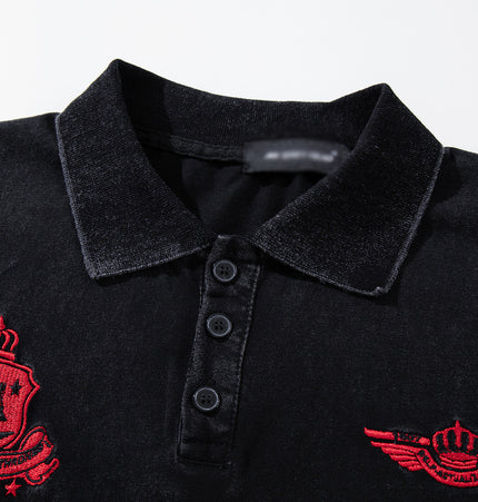 Badge embroidery washed distressed polo shirt for men, summer ins, street punk, casual pure cotton lapel short-sleeve T-shirt