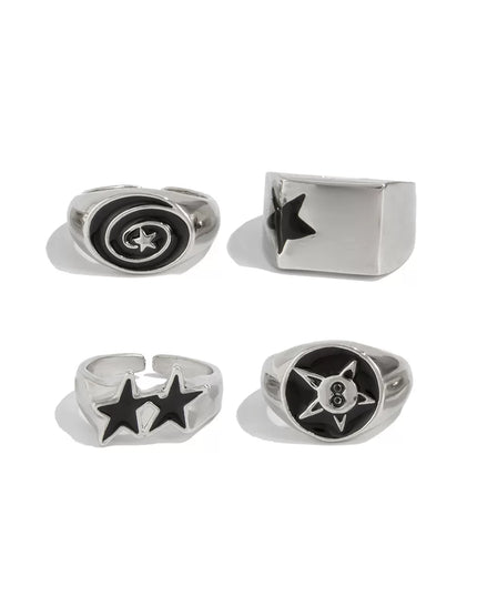 Men's 4-piece set of dripping oil five-pointed star ring set European and American hip-hop trend fashion boys take photos with accessories