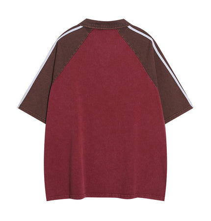 American retro short-sleeved loose polo shirt men's summer monogram print stitching contrast raglan sleeve top street fashion