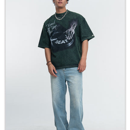 ONSEVENINE printed washed distressed small neckline 300g heavyweight pure cotton short-sleeve T-shirt for men, loose for summer
