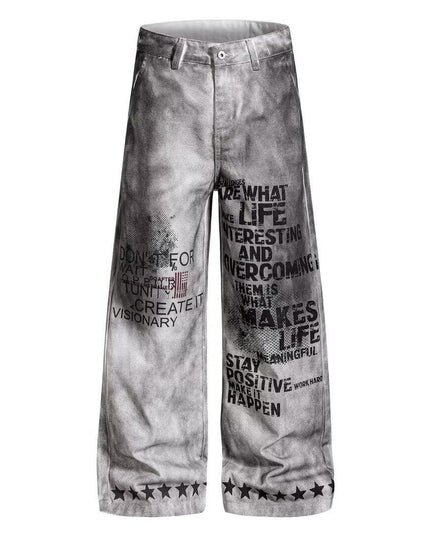 Mr. WH American distressed letter print dirty jeans men's and women's loose wide-leg pants niche design trousers