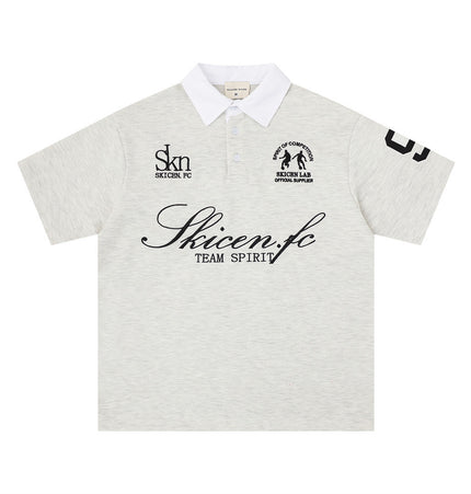 American street trend letter-embroidered short-sleeve polo shirt, men's summer top ins, sporty loose casual lapel T-shirt