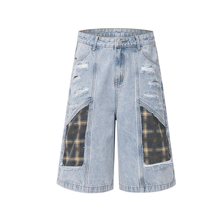 Washed Splicing Broken Denim Shorts