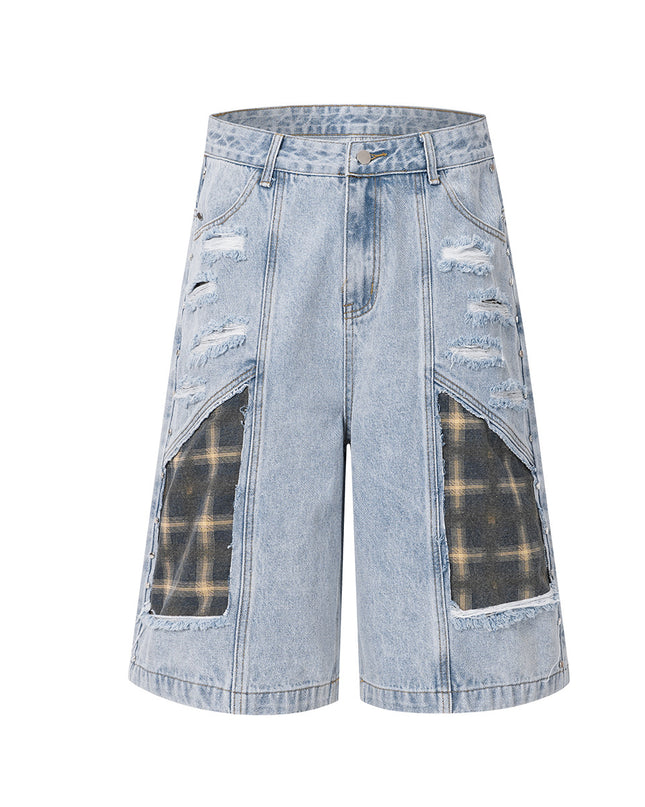 Jiayiku 2026 new American washed splicing broken denim shorts wasteland style personality street cropped pants for men