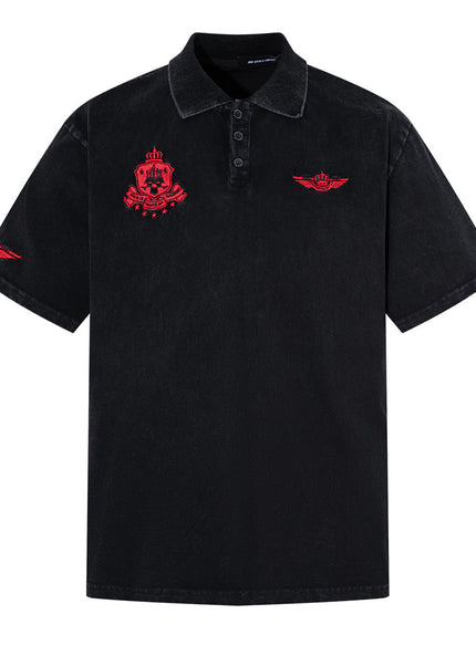 Badge embroidery washed distressed polo shirt for men, summer ins, street punk, casual pure cotton lapel short-sleeve T-shirt