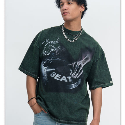 ONSEVENINE printed washed distressed small neckline 300g heavyweight pure cotton short-sleeve T-shirt for men, loose for summer