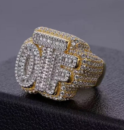 OTF Alphabet Hip-Hop 5A Zircon-Inlaid Trendy Brand Ring for Men, Hip-Hop Personality Fashion Versatile Ring, European and American Style