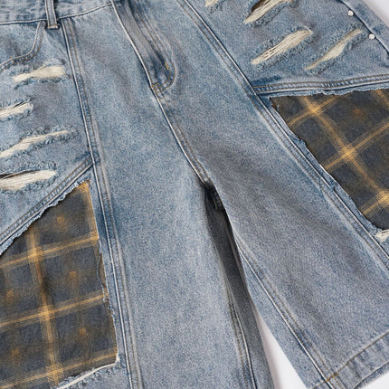 Washed Splicing Broken Denim Shorts