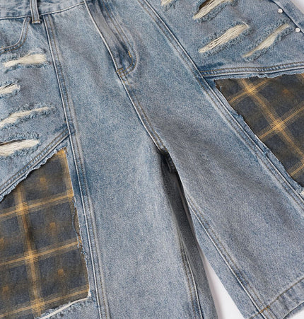 Washed Splicing Broken Denim Shorts