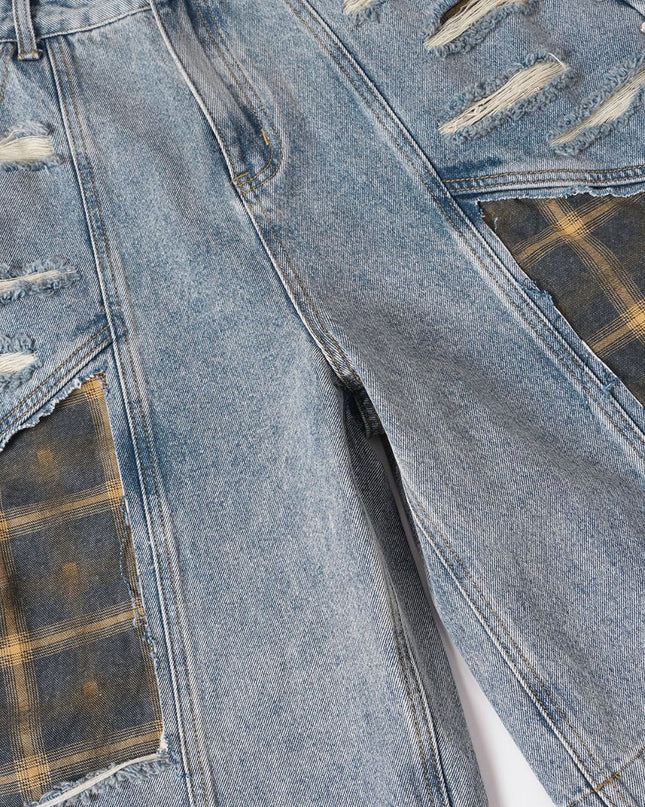 Jiayiku 2026 new American washed splicing broken denim shorts wasteland style personality street cropped pants for men
