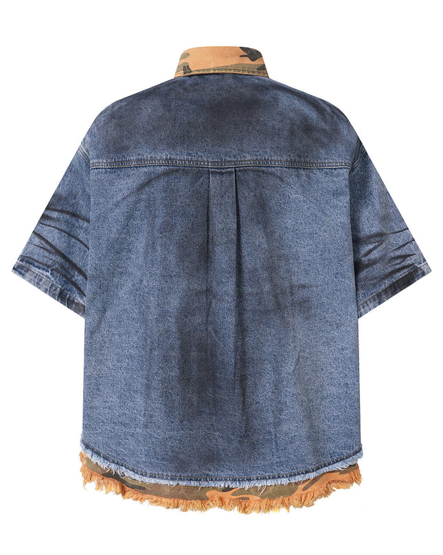 Jiaqlo Men's 2026 New High Street American Waste Earth Feng Shui Wash Destruction Denim Shirt Raw Edge Cargo Denim