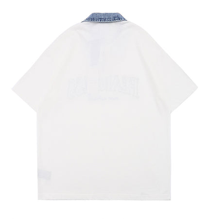 Monogram patch short-sleeved T-shirt men's ins, high street fashion brand, color-blocked lapel half-sleeve shirt, loose half-collar polo shirt
