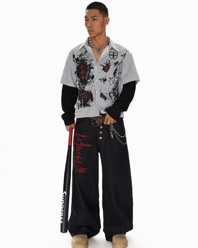 Letter Embroidered Breasted Jeans