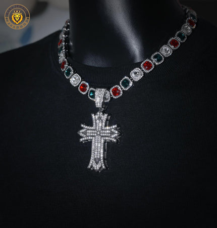 European and American fashion brand hip-hop cross pendant heavy industry three-row diamond necklace versatile men's and women's Cuban chain full diamond necklace