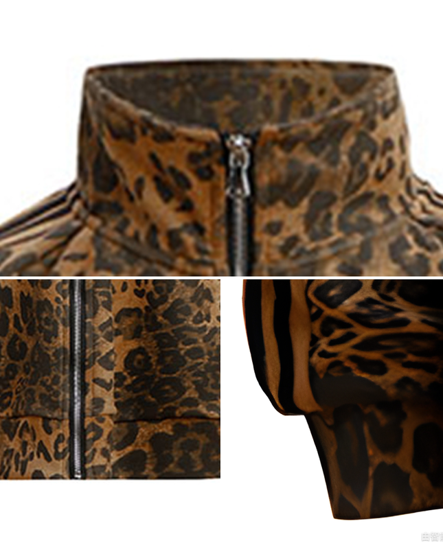 Mr. WH design leopard print hip-hop suit stand-up collar sweatshirt men's and women's slacks high street two-piece set