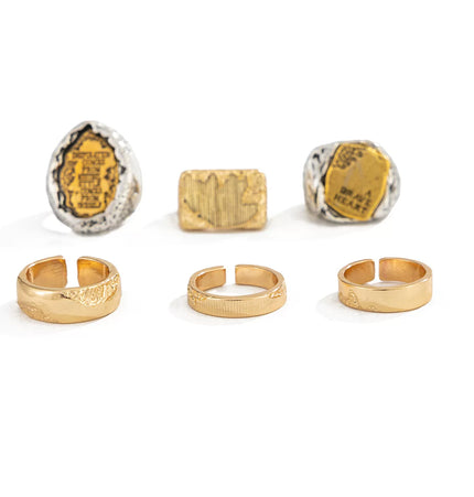 Men's 6-piece letter ring set, European and American retro hip-hop trendy unique niche design ring combo, cool