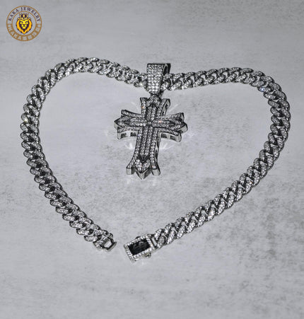 European and American fashion brand hip-hop cross pendant heavy industry three-row diamond necklace versatile men's and women's Cuban chain full diamond necklace