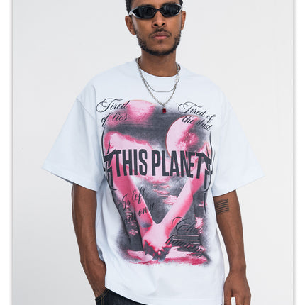 ONSEVENINE White Ink Direct Spray Print Short Sleeve New Loose Unisex 315g Pure Cotton Small Neck T-Shirt