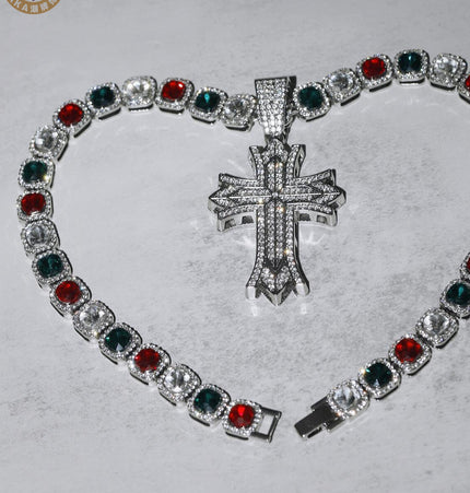 European and American fashion brand hip-hop cross pendant heavy industry three-row diamond necklace versatile men's and women's Cuban chain full diamond necklace