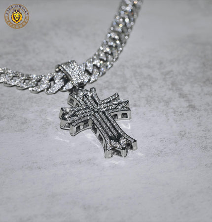 European and American fashion brand hip-hop cross pendant heavy industry three-row diamond necklace versatile men's and women's Cuban chain full diamond necklace