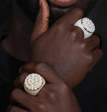 HIISEES European and American men's hip hop flower diamond ring trend retro real gold electroplated big ring shining jewelry