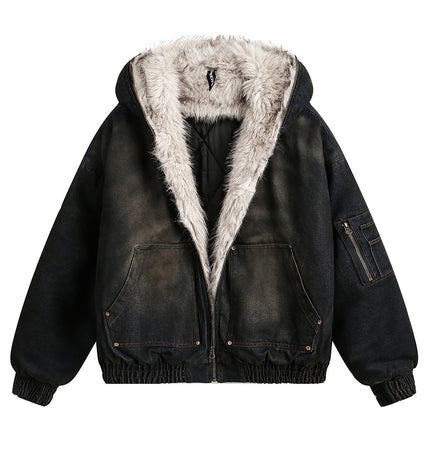 Fur-Collar Hooded Denim Jacket