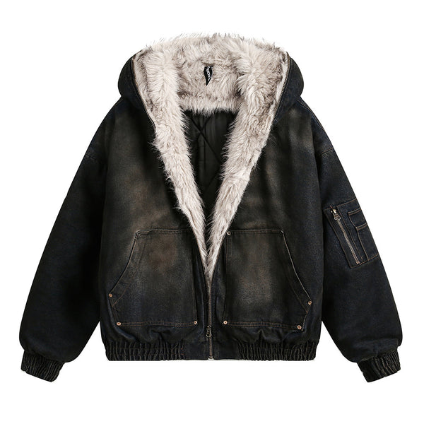 Fur-Collar Hooded Denim Jacket