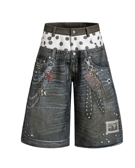 American street fashion brand printed design washed denim shorts, loose and unique style, roguish and cool wide-leg cropped pants for men and women