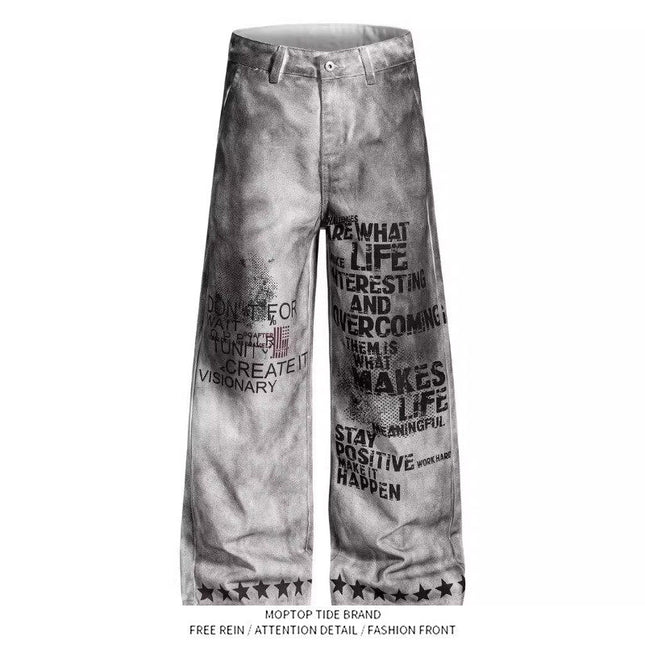 Mr. WH American distressed letter print dirty jeans men's and women's loose wide-leg pants niche design trousers