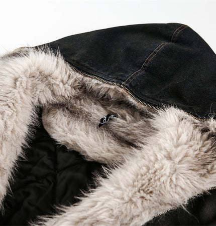 Fur-Collar Hooded Denim Jacket