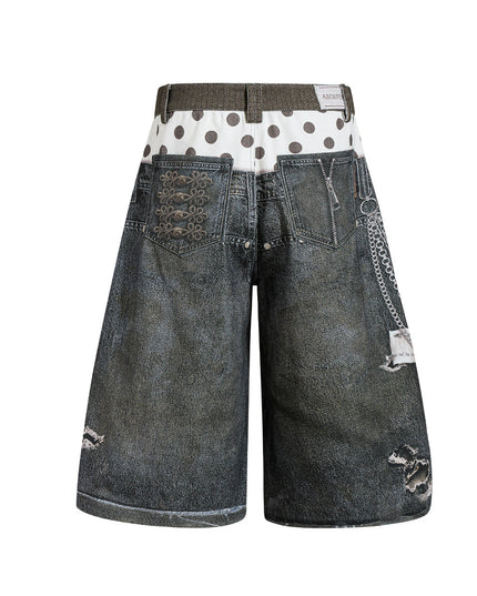 American street fashion brand printed design washed denim shorts, loose and unique style, roguish and cool wide-leg cropped pants for men and women