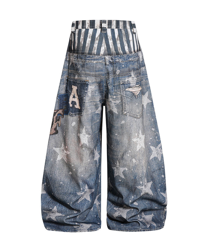 American street fashion brand jeans, personalized curved knife pants, loose wide-leg printed pants, fake two-piece floor-length pants for men and women