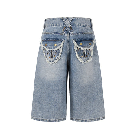 Patchwork Frayed Denim Shorts