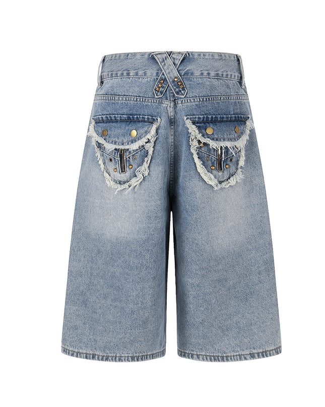 Patchwork Frayed Denim Shorts