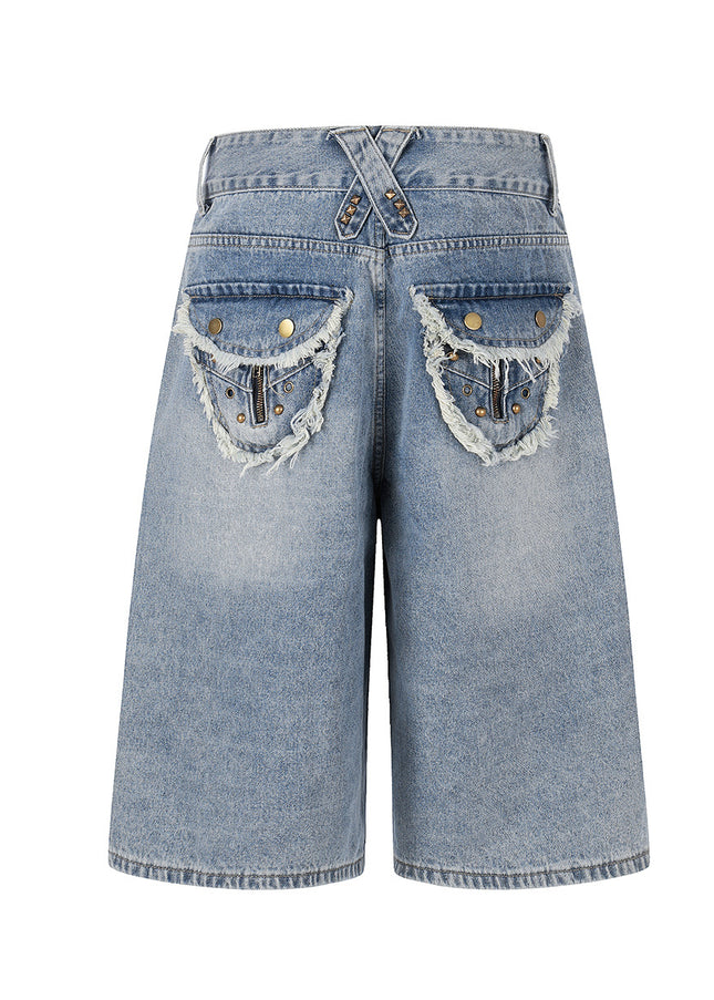 Patchwork Frayed Denim Shorts