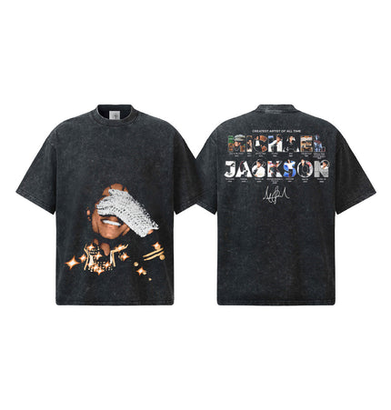 Spring/Summer 2026 Michael Jackson American Street Couple Top Direct Spray Print Washed Men's Short Sleeves