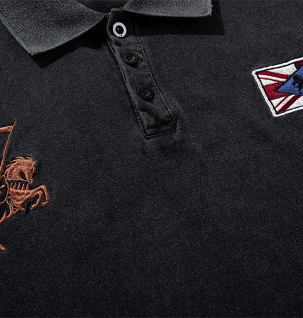 American vintage patch embroidered distressed short-sleeve polo shirt, summer men's loose INS street washed lapel T-shirt