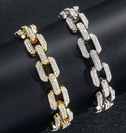Copper gold-plated full diamond Cuban bracelet men's and women's hip-hopEuropean and American trendy simple squares men's bracelets accessories set hand accessories