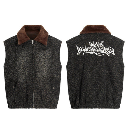 Leopard-Collar Zip Utility Vest