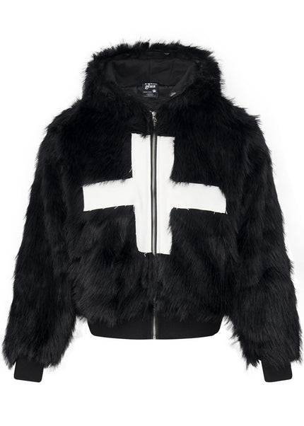 Cross Appliqué Faux-Fur Hooded Jacket