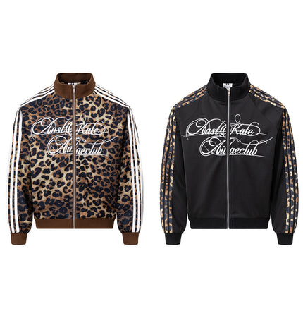 Leopard Panel Embroidered Baseball Jacket