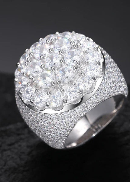 HIISEES European and American men's hip hop flower diamond ring trend retro real gold electroplated big ring shining jewelry