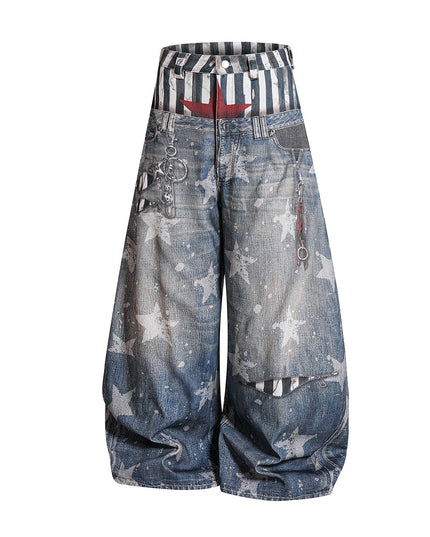 American street fashion brand jeans, personalized curved knife pants, loose wide-leg printed pants, fake two-piece floor-length pants for men and women