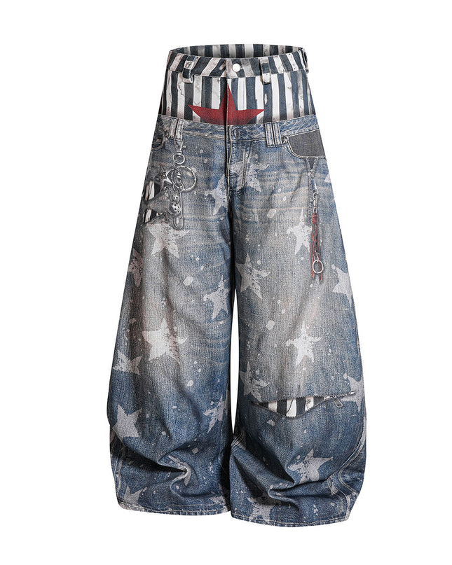 American street fashion brand jeans, personalized curved knife pants, loose wide-leg printed pants, fake two-piece floor-length pants for men and women