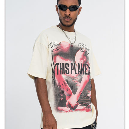 ONSEVENINE White Ink Direct Spray Print Short Sleeve New Loose Unisex 315g Pure Cotton Small Neck T-Shirt