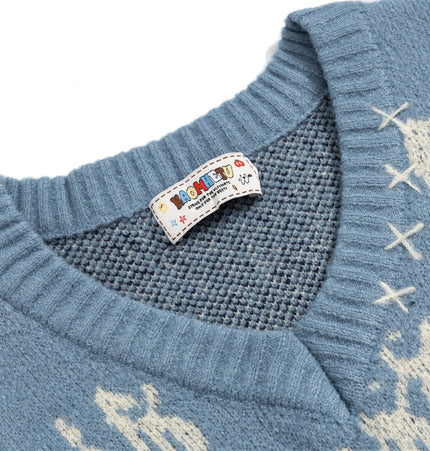 Men's knitted vest with ankle shoulder vest, spring/autumn European and American trendy brand cartoon jacquard V-neck sleeveless wide-shoulder sweater vest