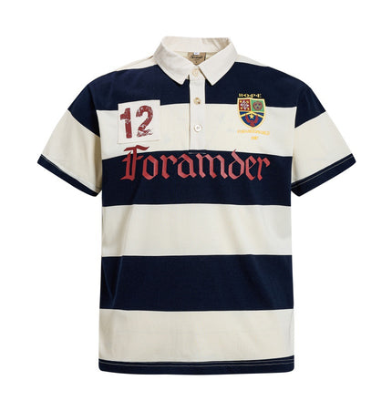 Color-blocked striped short-sleeve polo shirt for men, summer INS European and American street trend 12-digit print turn-down collar T-shirt, half-sleeve