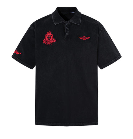 Badge embroidery washed distressed polo shirt for men, summer ins, street punk, casual pure cotton lapel short-sleeve T-shirt