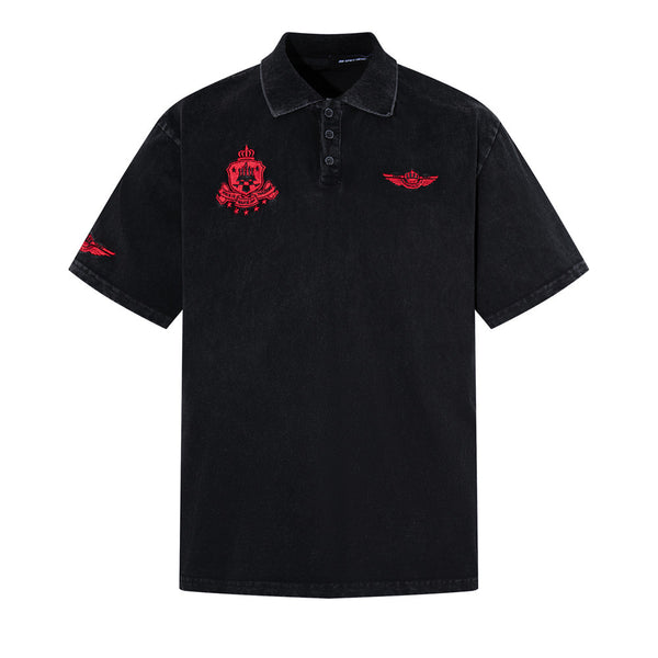 Badge embroidery washed distressed polo shirt for men, summer ins, street punk, casual pure cotton lapel short-sleeve T-shirt